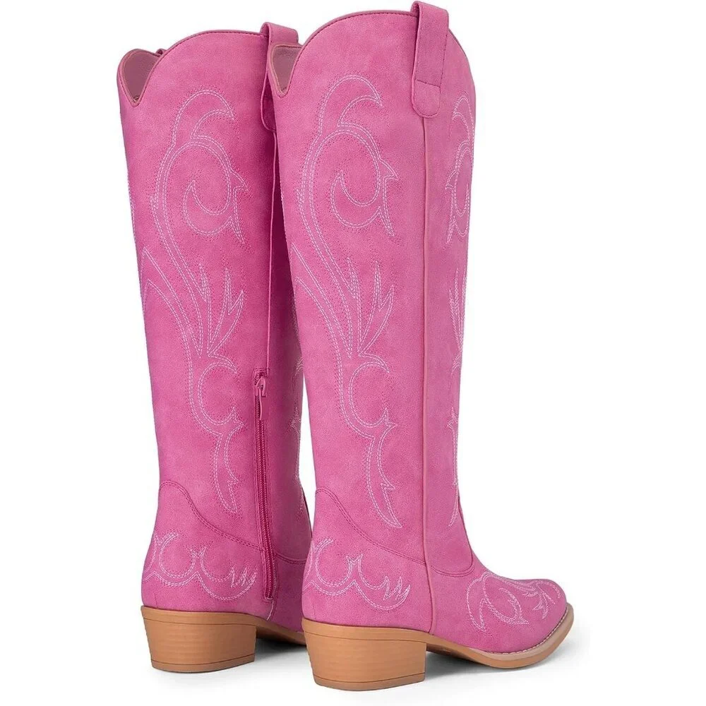 Women Faux Leather Hot Pink Knee High Chunky Heel Side Zipper Embroidered Boot